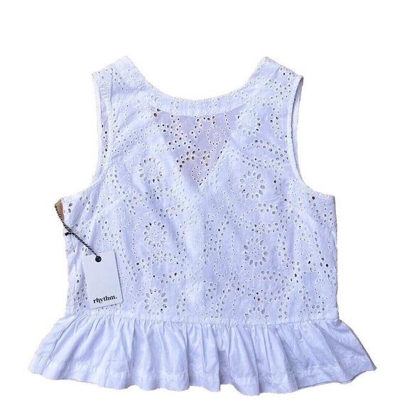 Rhythm Women's White Cotton Jungle Floral Eyelet Sleeveless Tank Top - Picture 8 of 16